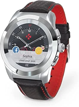 MyKronoz 7640158012987 ZeTime Regular Premium Hybrid Smartwatch - Polished Silver/Black Carbon Red Stitching