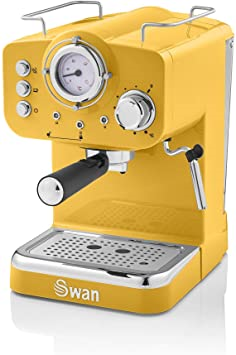 Swan Retro Pump Espresso Coffee Machine, Yellow, 15 Bars of Pressure, Milk Frother, 1.2L Tank, SK22110YELN
