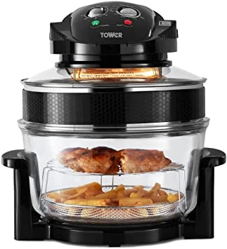 Tower T14001 Health Halogen Low Fat Air Fryer with Removable Glass Bowl, Extender Ring, Recipe Book, 1300W, 17 Litre, Black