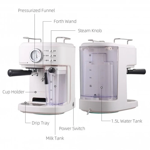 5Pc Coffee Machine, Espresso & Cappuccino & Latte Maker with Milk Frothing Steamer, 1.5L Removable Water Tank, 2 Cups, 1250W Automatic White