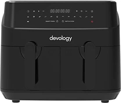 Devology Double Air Fryer - 9L - 2 x 4.5L Independent Cooking Zones - Free 50 Recipe Cookbook- 12 Cooking Programs - Digital LED Display Airfryer - He