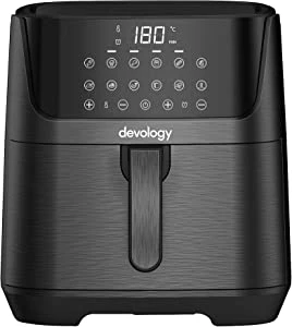 Devology Digital Air Fryer - 6.5L XL Non Stick Airfryer Free 50 Recipe Cookbook- 12 Pre-Set Cooking Programs - Oil-free Chip Fryer for Home Use With 6