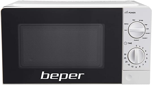 BEPER P101FOR001 20L Microwave Oven with Grill, 700 Watt, Adjustable Timer, 5 Power Levels, 3 Cooking Modes, 24.5 cm Glass Turntable, White, Metal