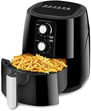 Electric Air Fryer, 5.5L Oven Cooker with Temperature Control, Non Stick Fry Basket, Recipe Guide and Timer for Roasting and Reheating Black