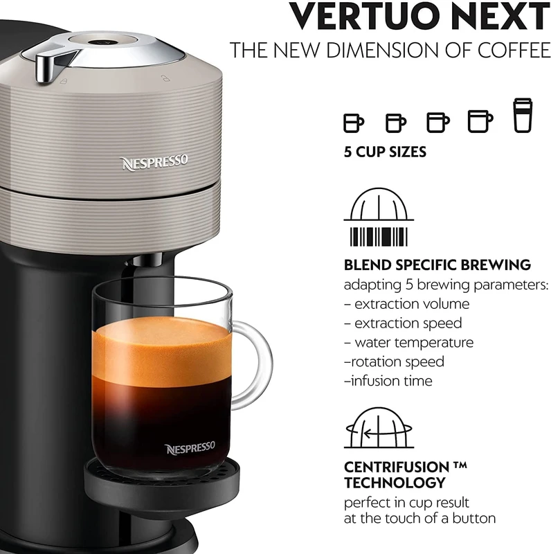 Nespresso Vertuo Next XN911B40 Coffee Machine with Milk Frother by Krups, Light Grey