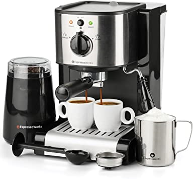7 Pc All-in-One Espresso & Cappuccino Maker Machine Barista Bundle Set w/Built-in Steam Wand (Inc: Coffee Bean Grinder, Portafilter, Frothing Cup