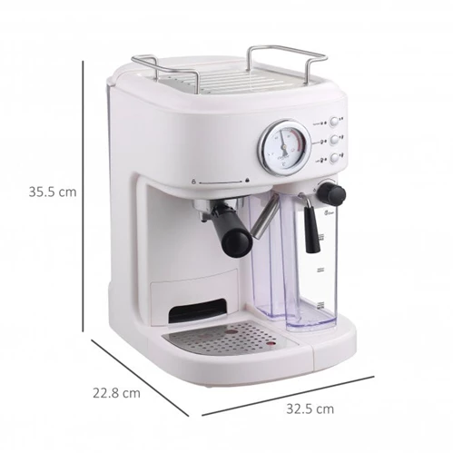 5Pc Coffee Machine, Espresso & Cappuccino & Latte Maker with Milk Frothing Steamer, 1.5L Removable Water Tank, 2 Cups, 1250W Automatic White