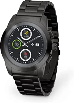 MyKronoz ZeTime Elite Hybrid Smartwatch with 39mm mechanical hands over a color touch screen – Brushed Black / Metal Link
