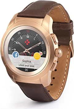 MyKronoz ZeTime Premium Hybrid Smartwatch 39mm with mechanical hands over a color touch screen – Brushed Pink Gold / Brown Vintage Leather